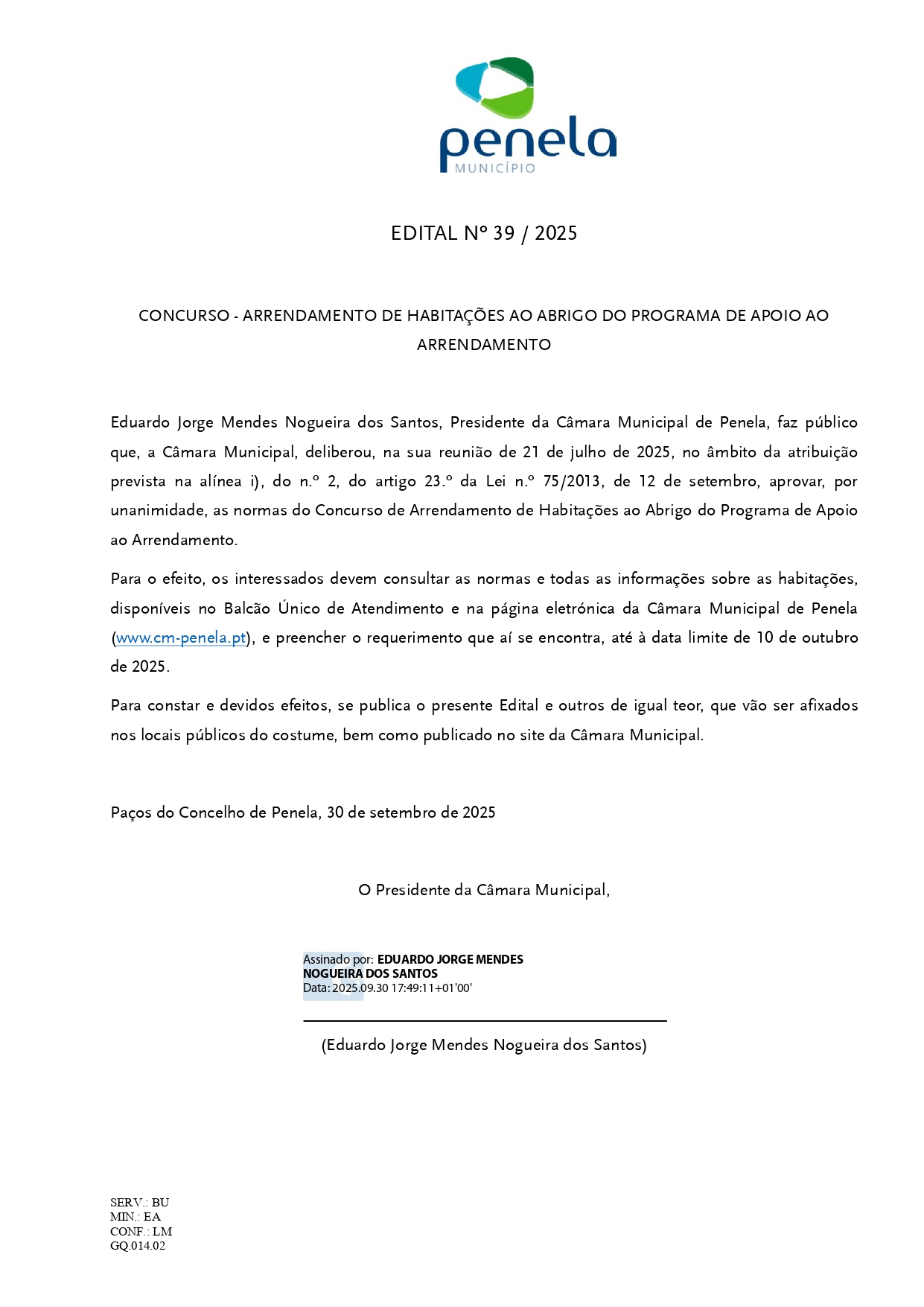 Edital n.º 39/2025 - Concurso de Habitações ao Abrigo do Programa de Apoio ao Arrendamento