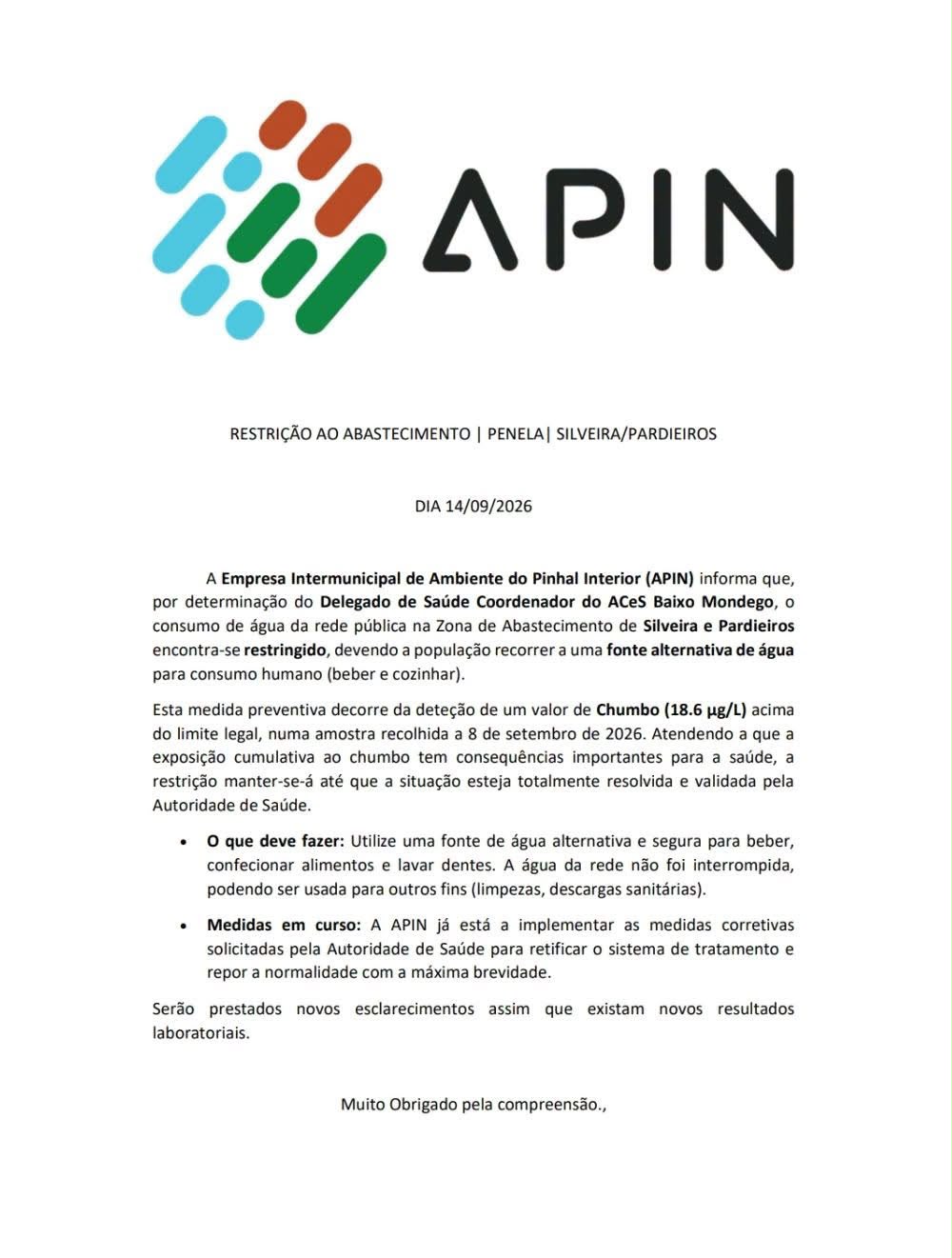Informação APIN - Restrição ao abastecimento Penela (Silveira e Pardieiros)